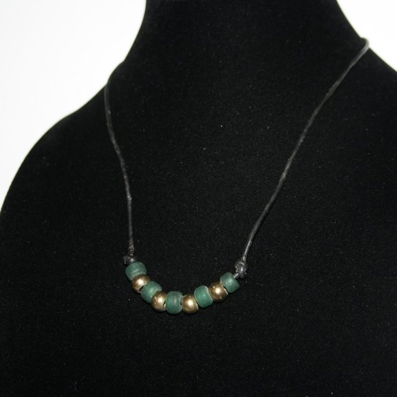 Brand new Black leather cord necklace with Green and gold beads 20" - Picture 1 of 4